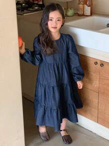 DAZY 韩版少女水洗圆领宽松牛仔连衣裙 - 藍色 - 查看 5