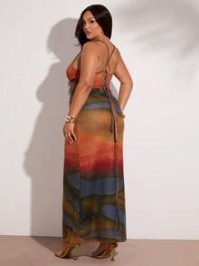 SHEIN BAE Plus Size Women Backless Knitted Multi-Color Pattern Dress,Autumn/Winter Solid Color, Tie-Dye, Printed Long Sleeve Maxi Dress, Elegant Sexy Backless Halter Neck Bodycon Dress, Suitable For Formal Occasions, Cocktail Parties, Clubs,Party Dresses For Women,Valentine's Day,Valentine Outfits For Women - Multicolor - View 2