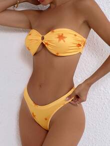 INAWLY Women's Floral Print Tube Top And Thong Bikini Set, Summer Vacation - Orange - View 5