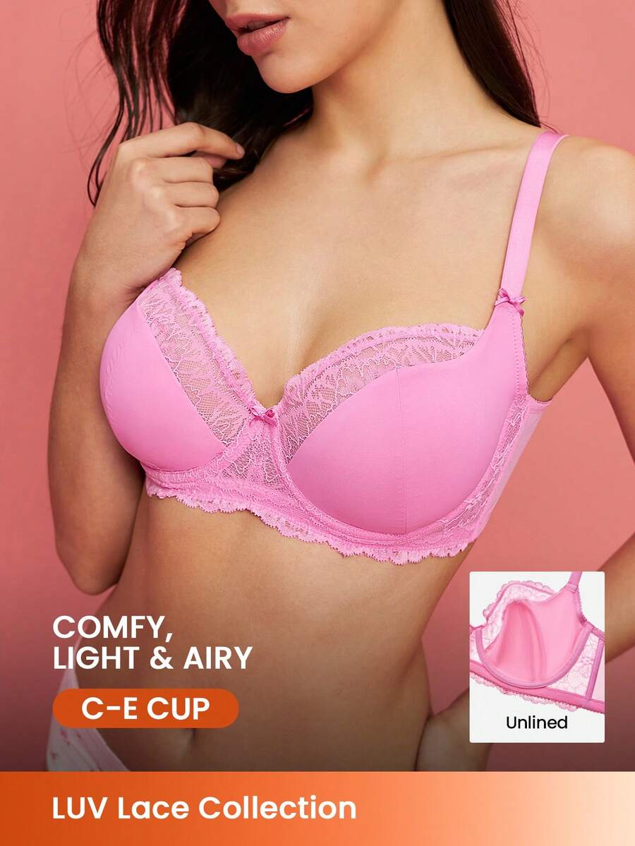 LUVLETTE Woman Lingerie Pink Full Coverage Support&Breathable Underwire Sexy Unlined Sheer Minimizer Lace Bra - Pink - View 1