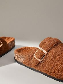 Solecia Women Buckle Design Casual Faux Fur Slip-On Slippers For Christmas - Chocolate Brown - View 5