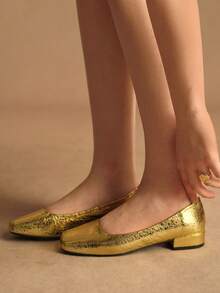 Rosivie 女士方头休闲通勤百搭时尚鞋 - 金色 - 查看 2