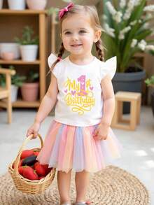 SHEIN Playful Pals 两件套女婴可爱甜美“我的第一个生日”印花圆领荷叶袖T恤搭配彩虹薄纱裙，适合夏季外出穿着。 - 白色 - 查看 1