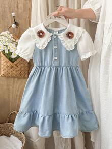 Young Girl' Spring/Summer Denim Dress With Lapel Collar, Casual & Fashionable, Suitable For Daily Outings, Leisure, Camping, Gatherings - Blue - View 2