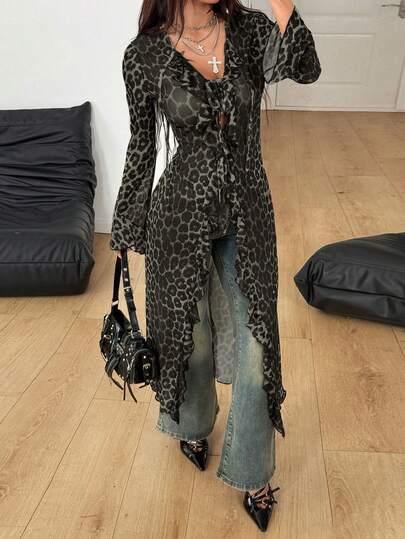 Coolane Women's Fall/All-Season Rave Renaissance Fair Hippie Music Festival Gyaru Mesh Straps Ruffle Ribbon Long Coat /Cover Up