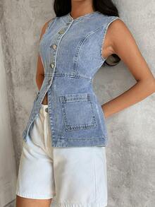 Sunnyshic 女士休闲无袖牛仔外套，夏季 - 藍色 - 查看 5