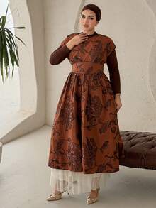 Dazy Plus 亮片刺绣花卉圆领收腰显瘦连衣裙，优雅大码女装，春夏吊带裙 - 棕色 - 查看 4