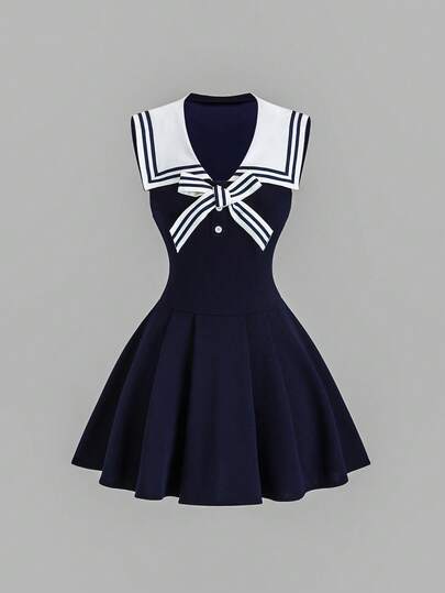 Sweetra Women's Vintage Sailor Collar Bodycon Dress, Elegant And Versatile For School, Vacation, Casual Wear, Blue, Spring/Summer