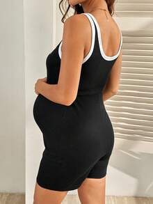 SHEIN Maternity Clothes Pregnant Women Deer Embroidery Trim Casual Jumpsuit Romper Black Summer - Black and White - View 2