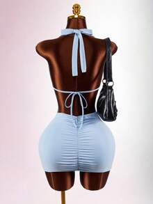 Amplova 2026 New Arrival Minimalist Blue Low-Cut Halter Waist-Cinched Bodycon Mini Dress, Sporty Chic - Blue - View 7