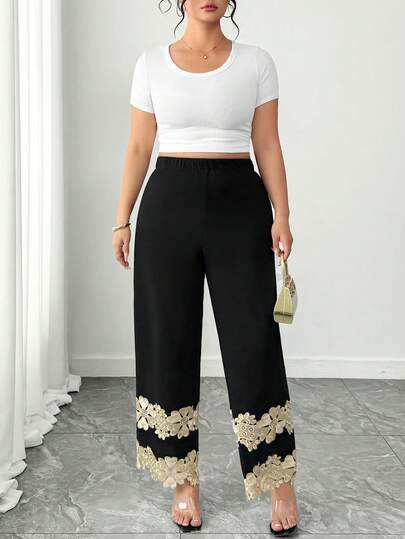 Elenzga Plus Size Women Elastic Waist Floral Decor Wide Leg Elegant Pants