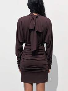 Maija Brown Round Neck Sleeveless Dress With Waist Tie Back For Women - Brown - View 3