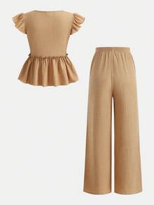 SHEIN Girlism Conjunto de dos piezas informal de verano para niñas adolescentes, estilo bohemio, de punto, con top de cuello cuadrado, volantes y mangas de vuelo, y pantalones rectos, para vacaciones - Azul - Ver 2