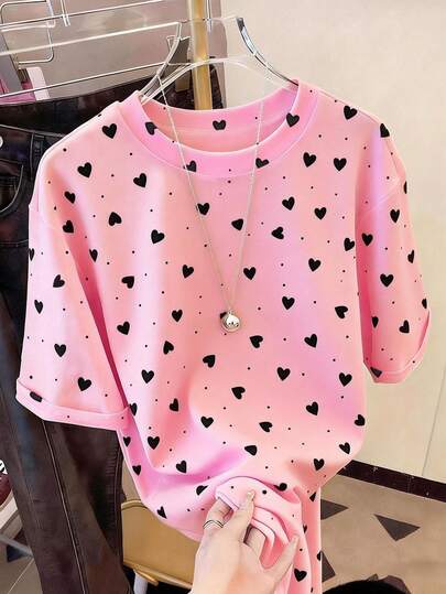 Franclia Camiseta de cuello redondo de manga corta casual con estampado gráfico de corazón, regalo para amigos