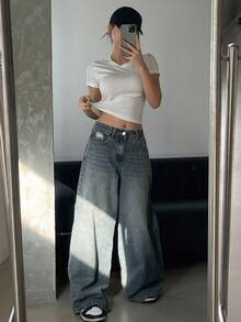 DAZY 女士宽松韩版破洞休闲牛仔裤 - 藍色 - 查看 4