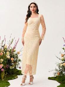 Modelyn Elegantes Damen Bodycon-Kleid mit Spitzeneinsatz, quadratischem Ausschnitt und schlanker Passform, graziöser, damenhafter Stil - Aprikosenfarben - Übersicht 4
