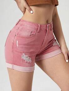 Jeanoix Quần short denim nữ dáng ôm, rách, có túi, đa năng. - Hồng - Xem 3