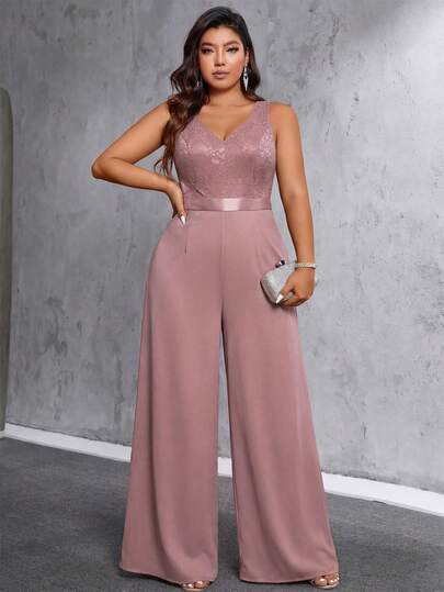 SHEIN Belle 大码女士优雅浪漫派对蕾丝性感V领无袖收腰阔腿连体裤