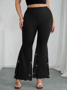 Chikora Plus Size Stretchy Lace Patchwork Flare Leg Black Pants - Black - View 4