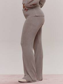 MUSERA Fold Over Knitted Flare Trousers Cute Cosy Spring Everyday Sugar Swizzle - Grey - View 3