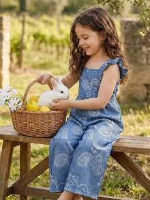 Vintaside Kids 1pc Vintage Casual Slim Fit Unique Cherry Print Jumpsuit, Suitable For Outdoor Summer And School - Blue - View 6