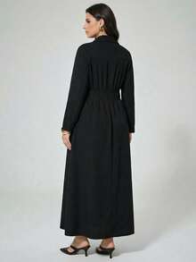 Maija Plus Size Women's Black Long Sleeve Shirt Dress,Autumn Smart Casual Button Up Maxi Dress,Elegant Fashionable Vacation Outfit,Spring Simple Daily Wear - Black - View 3