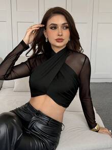 Modelyn Women's European & American Black Autumn Elegant Seksi Chic Night Out Sheer Mesh Patchwork Long Sleeve Criss-Cross Neck Cropped Tee Top - Black - View 7