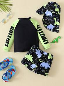 SHEIN Bubblio 3件套男婴撞色霓虹恐龙印花泳衣套装，含防晒衣和遮阳帽，适合度假、海滩和游泳 - 綠色 - 查看 2