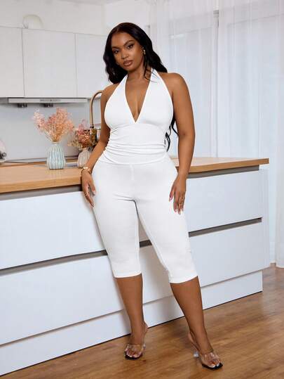 Slaydiva Spring/Summer New Arrival Music Festival, Easter, St. Patrick's Day, Western, Nomadic, Birthday Party, Graduation, College Style, Student, Daily Casual, Basic Versatile, Leisure, Cruise Travel, Beach, Sunbathing, Viral , Streetwear, Wedding Guest Boho, Commute, Brunch, Minimalist Basic, Y2K Streetwear Chic, Best Selling Item, Daily Date, Lightweight Backless Camisole & 7/8 Pants Jumpsuit, Plus Size Jumpsuit - White