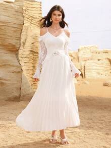 Modelyn Women's V-Neck Ruffle Trim Waist Lace Fabric Elegant Blouse + Pleated Skirt, Spring/Summer - White - View 6