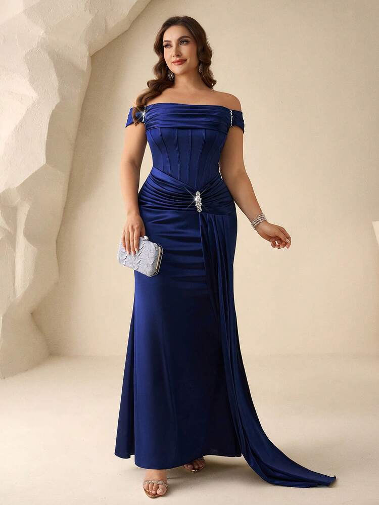 Coutiva Abito da sera elegante con spalle scoperte per taglie forti - Blu Navy - Visualizzare 4