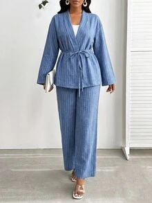 SHEIN Lady 女士条纹长袖上衣和裤子两件套 - 藍色 - 查看 6