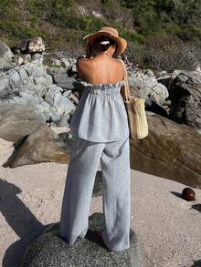 DAZY Women's V-Neck Tie-Waist Allover Print Casual Vacation Beach Tube Top And Straight Pants 2-Piece Set, Spring/Summer - Grey - View 2