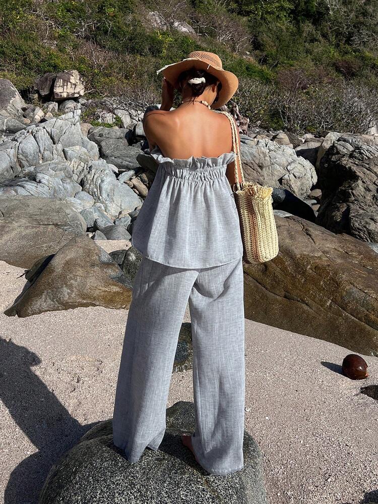 Women's V-Neck Tie-Waist Allover Print Casual Vacation Beach Tube Top And Straight Pants 2-Piece Set, Spring/Summer