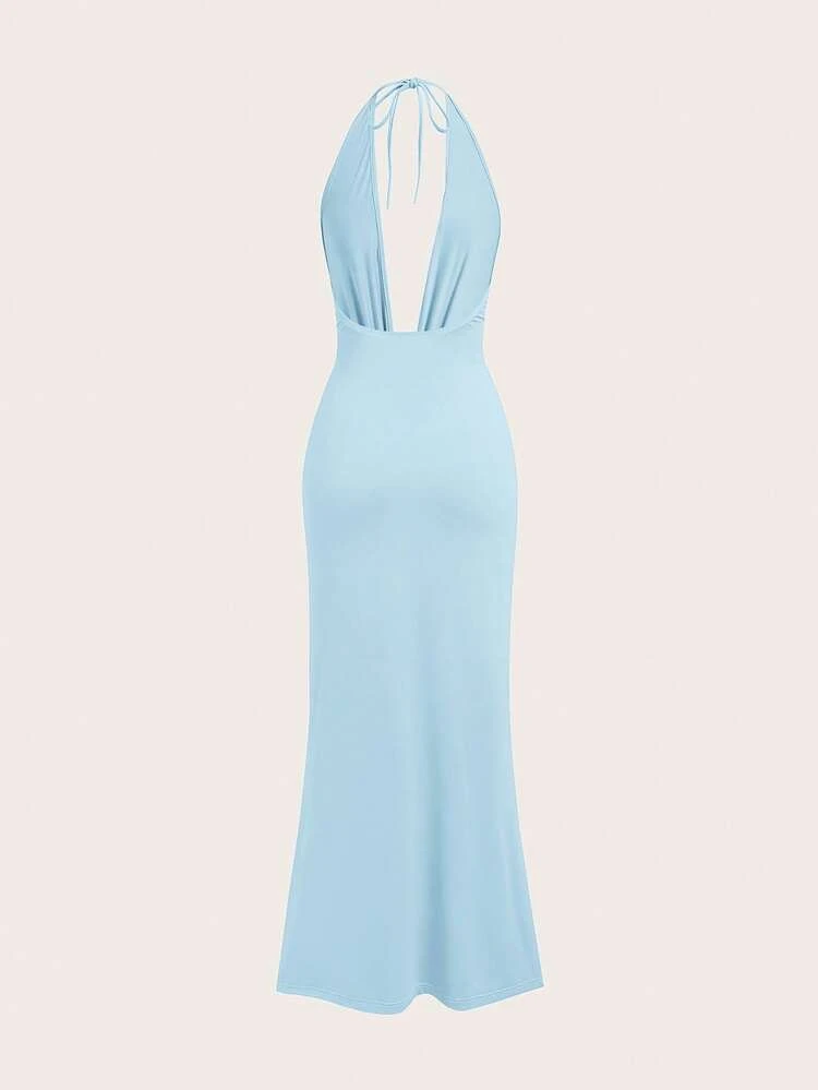 Vestido Halter Sem Costas de Tricô de Cor Sólida para Mulheres - Azul - Visão 2