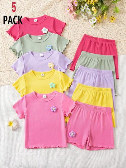 10件装女童基础休闲学院风T恤套装，3D立体花卉设计，可爱舒适，适合休闲、运动、叠穿、外出等场合。