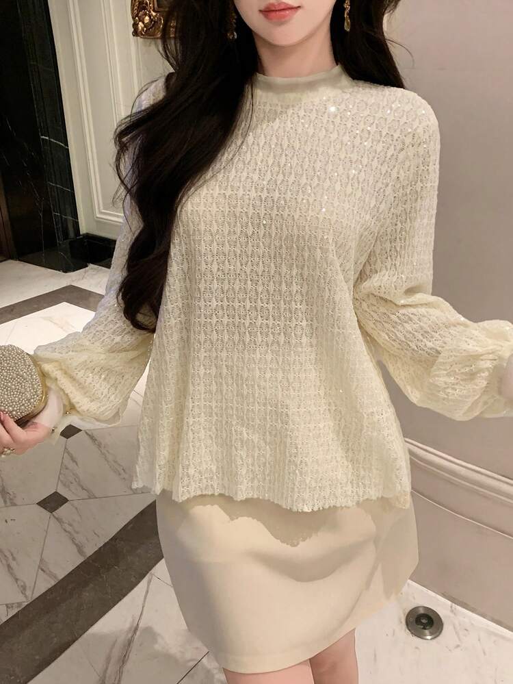 Women's Casual Solid Color Patchwork Sequin Decor Stand Collar Lantern Sleeve Semi-Sheer Blouse, Spring/Summer/Autumn