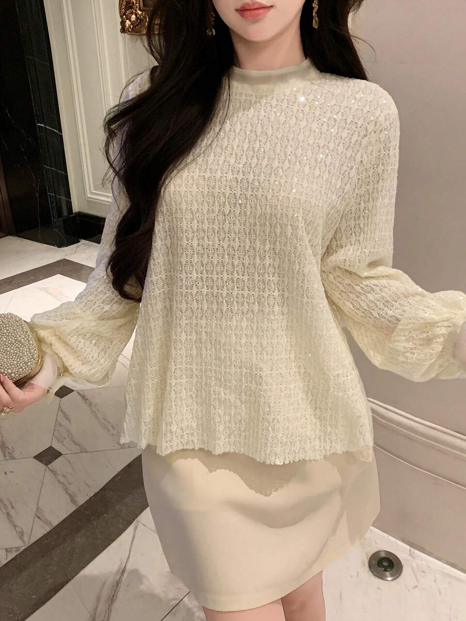 Women's Casual Solid Color Patchwork Sequin Decor Stand Collar Lantern Sleeve Semi-Sheer Top, Spring/Summer/Autumn