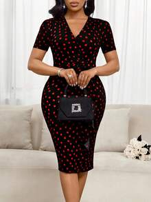 SHEIN Lady Schwarzes Herzprint Wickel-Rüschen-Saum Figurbetontes Mini-Kleid - Schwarz - Übersicht 4