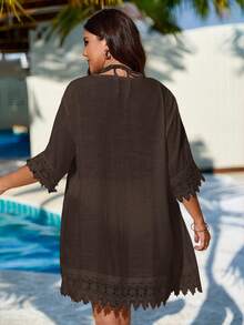 Swim Vcay Plus Size Summer Vacation Beach Patchwork Lace Front Button Kimono - Brown - View 2