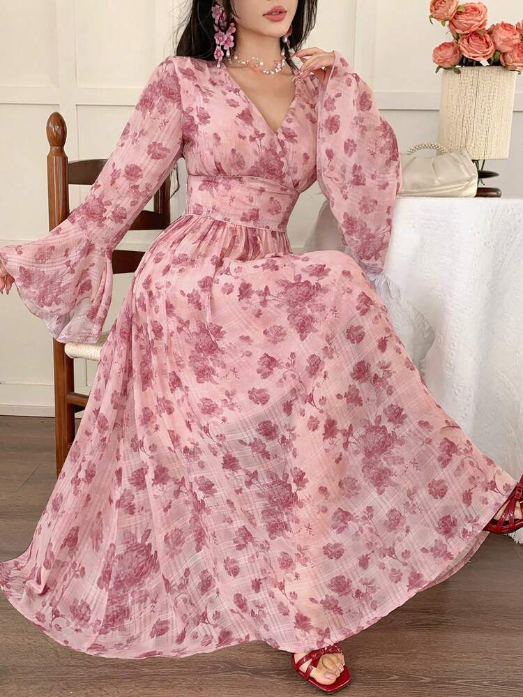 Women's Elegant Floral V-Neck Flare Ruffle Sleeve Dress, Spring/Summer Wedding Guest Dress Easter Sundress