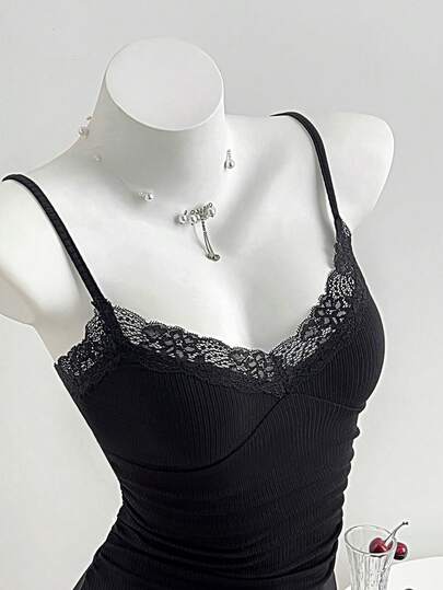 Elamini 女士黑色简约休闲V领蕾丝边修身A字连衣裙