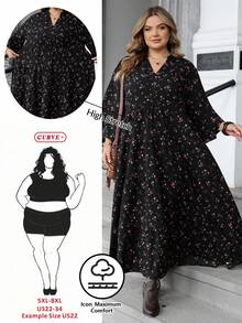 SHEIN CURVE+ CURVE PLUS /Valentine's Day/Plus Size Women Floral Print Flared Sleeve Loose Vacation Dresssummer/Country/Beach Vacation Outfits/Beach Outfits/Beach Wear - Multicolor - View 1