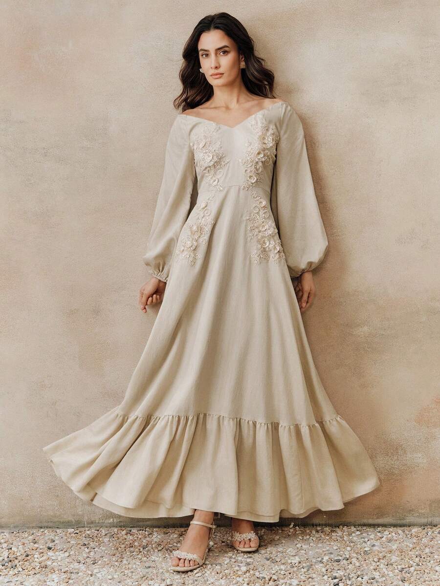 Anewsta 优雅春夏新款露肩泡泡袖长袖连衣裙，腰部饰有对称 3D 刺绣花卉，裙摆呈喇叭形，尽显优雅气质 - 杏色 - 查看 1