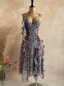 Soleia Đầm satin chiffon họa tiết động vật phong cách retro bohemian WYWH Vacation, họa tiết sứa, nhuộm tie-dye, viền bèo nhún, hoa 3D. - Nhiều màu - Xem 6
