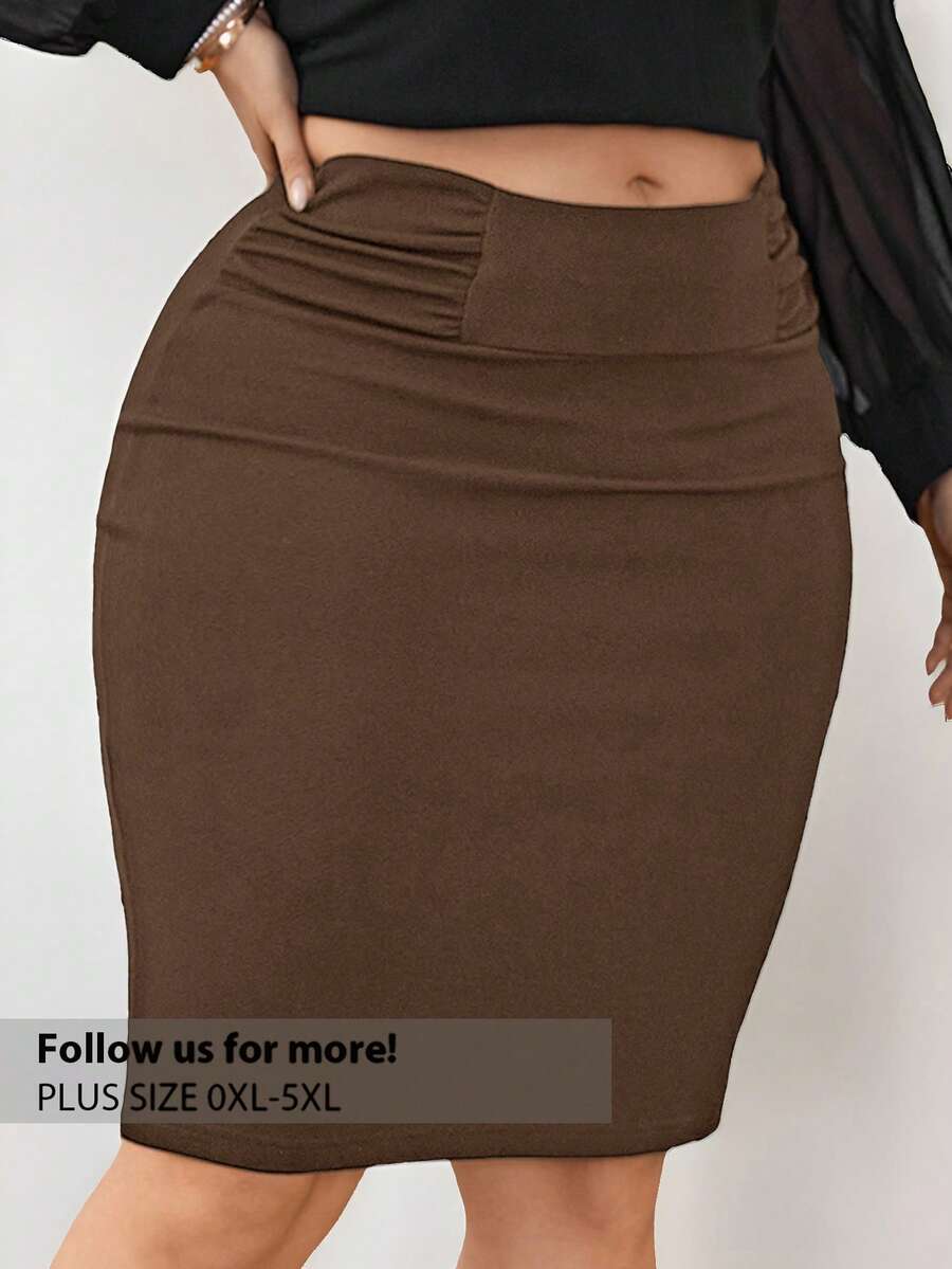 Firerie Plus Size Women Elegant Solid Color Pleated Bodycon Skirt - Khaki - View 1