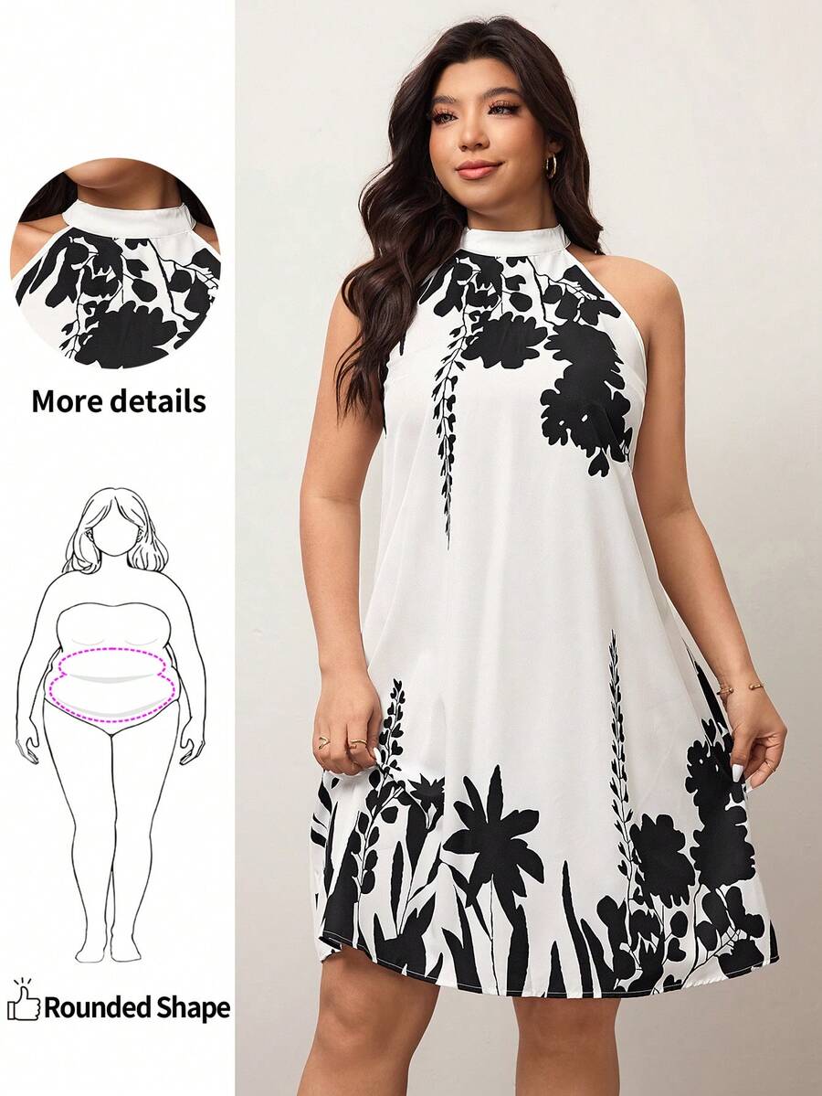 Enliva Plus Size Elegant Floral Print Halter Neck Dress, Suitable For Summer,Sun Dresses For Women Suitable For Going Out Chic Dress, For Apple & Rounded Body Shape - Black and White - View 1