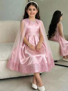 Tween Girl Elegant Mesh Patchwork Beaded Midi Dress,Kids - Baby Pink - View 2