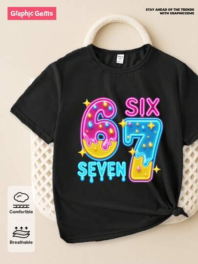 SHEIN GraphicGems Sommar & Höst Tween Girl Casual Fashionable Creative Personalized Refreshing Chic Minimalist Numerical 67 Colorful Water Drop Starry Letter Slogan Grafiskt Tryck Avslappnad Basic Kort T-shirt, Bekväma Mysiga Sommar- Och Höststilar Lämpliga För Tween Girls Dagliga Klädsel