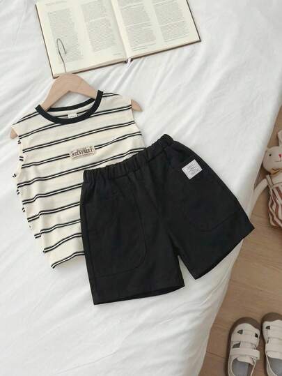 SHEIN 2pcs/Set Young Boys Casual Comfortable Versatile Striped Print Tank Top And Solid Color Shorts Set Boys Casual Set Boys Stripe Outfit